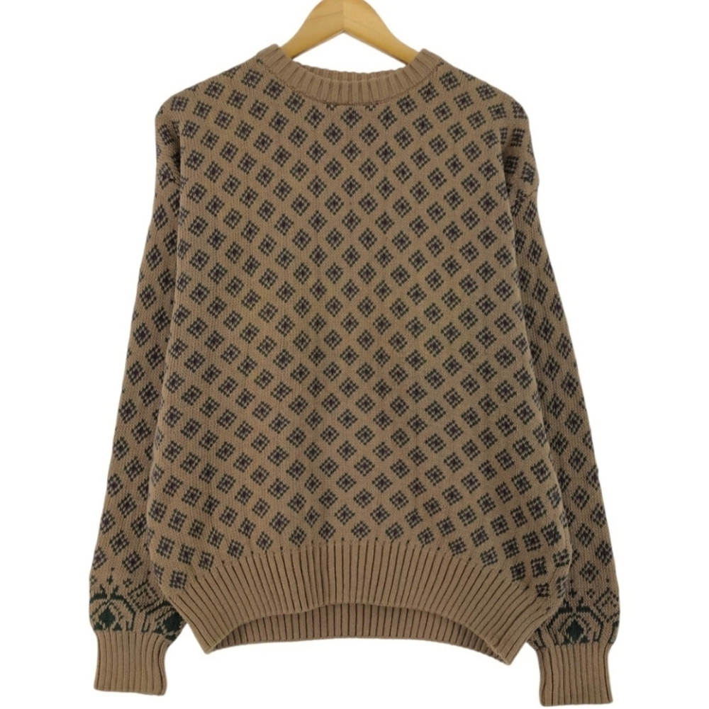 Vintage 90s  Eddie Bauer Camel Diamond Patterned Sweater Large Cotton Comfortbl